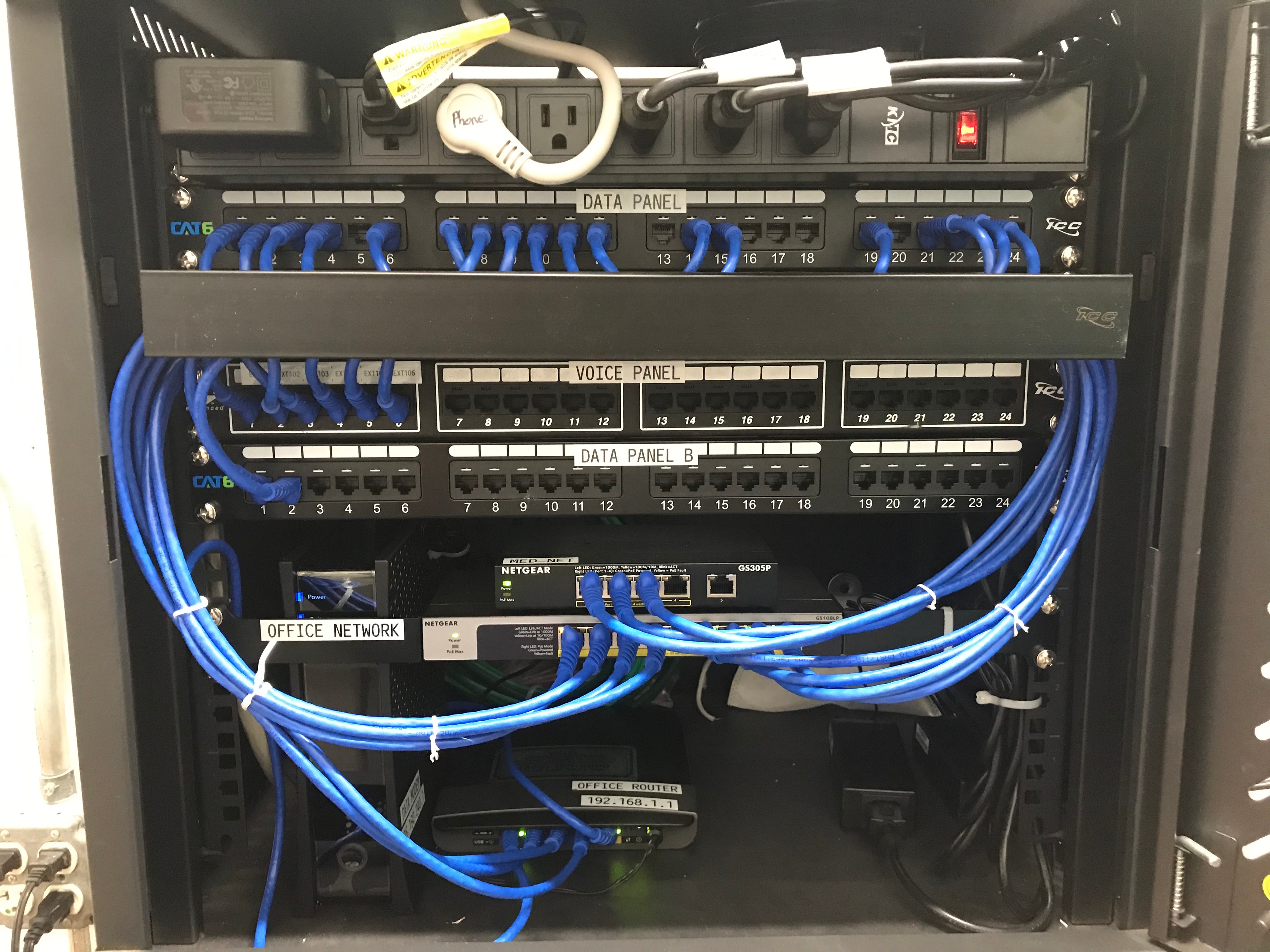 Professionally installed network rack with data panels and CAT6 cabling